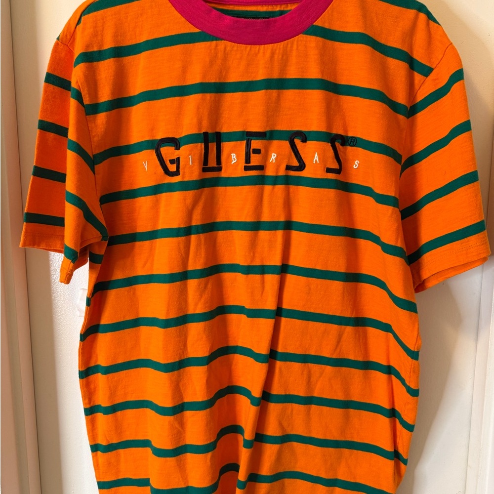 Guess Vibrant Orange Tee with Green Stripes